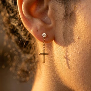 14k Gold Cross Earrings, Dainty Diamond Cross Dangle Earrings, Minimalist Christian Jewelry for Women, Religious Gift, Small Cross Studs