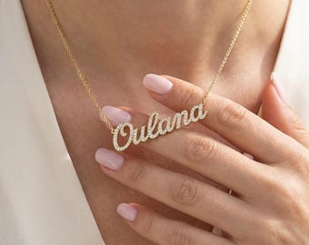 Custom Diamond Name Necklace, Personalized Diamond Letter Necklace, Gold Name Necklace, Dainty Necklace for Her, Mom Gift, Birthday Gift