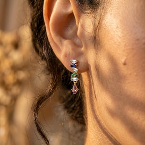 Rainbow Baguette Gemstone Earrings | Multicolor Dangle Studs | Gold Bar Earrings for Women | Dainty Minimalist Jewelry | Birthday Gift