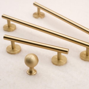 Modern Brushed Brass Cabinet Handles | Solid Brass Dresser Pulls | Gold Kitchen Pulls | Brass Drawer Pulls | Brass Kitchen Cabinet Hardware