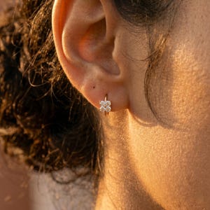 May include: A close-up of a gold hoop earring with a cluster of small, sparkling stones. The earring is attached to an ear, with the focus on the jewelry's design and the ear's texture. The lighting is warm, highlighting the earring's details.