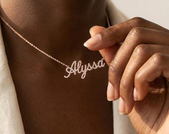 Personalized Name Necklace with Stones, Custom Silver Script Nameplate, Dainty Sparkling Jewelry for Women, Bridesmaid Gift, Birthday Gift