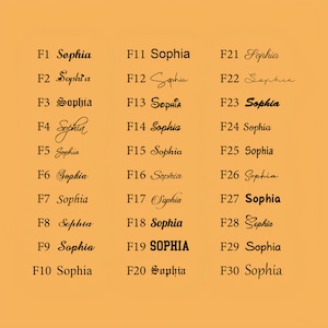 May include: A chart displaying thirty distinct black font styles labeled F1 through F30, each showcasing the name Sophia in a unique typeface. The text is arranged in three vertical columns against a solid light orange background.