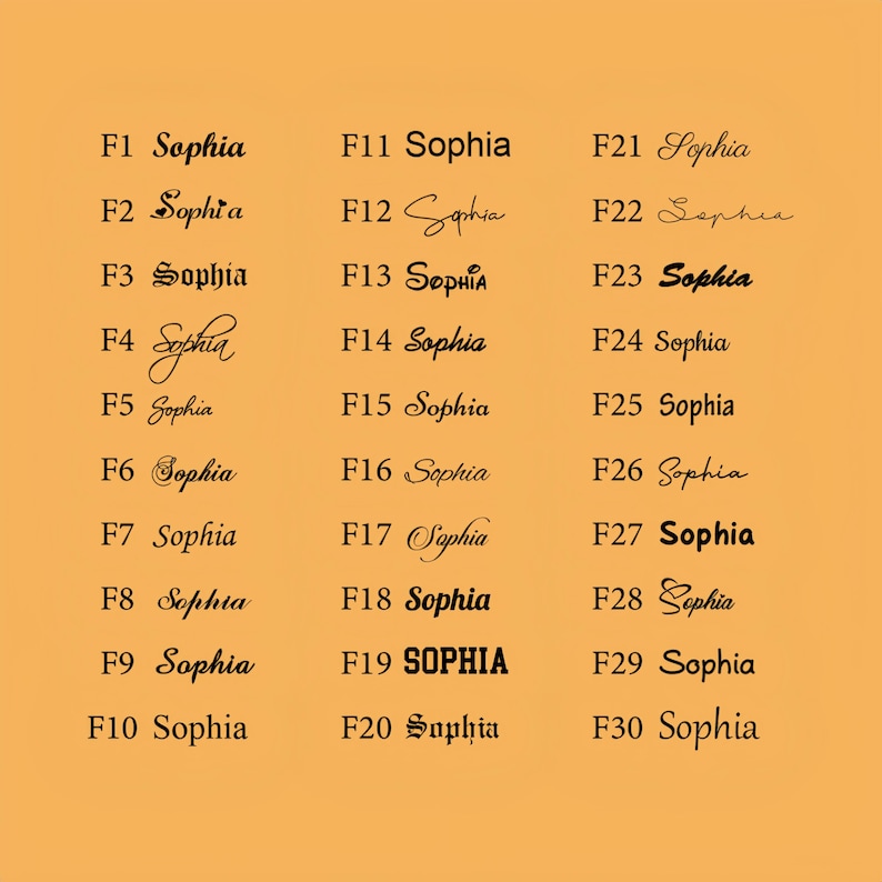 May include: A chart displaying thirty distinct black font styles labeled F1 through F30, each showcasing the name Sophia in a unique typeface. The text is arranged in three vertical columns against a solid light orange background.