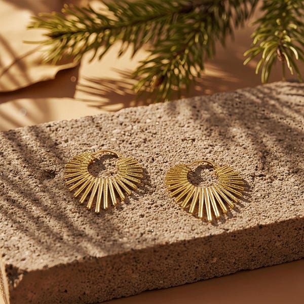 Radiant Gold Sunburst Dangle Earrings | Textured Fan Huggie Hoops | Bohemian Vintage Inspired Statement Gold Plated Jewelry