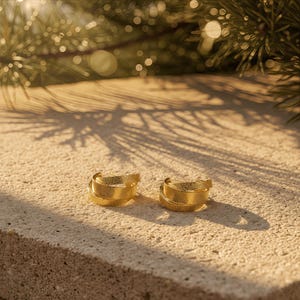 May include: Two gold hoop earrings with textured surfaces and a layered design. The earrings are displayed on a light-coloured stone surface, with a blurred background of green foliage and sunlight.
