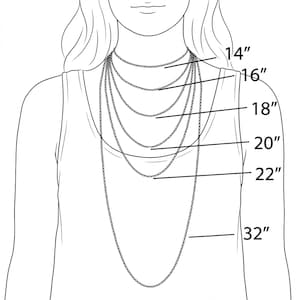 May include: A line drawing of a torso wearing six layered chain necklaces of varying lengths. The lengths are labeled with lines pointing to each chain as 14 inches, 16 inches, 18 inches, 20 inches, 22 inches, and 32 inches respectively.