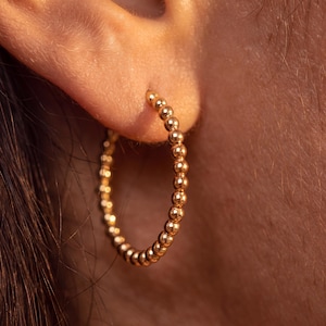 May include: A gold hoop earring featuring a continuous row of small, polished spherical beads. The circular earring is worn in an earlobe, showcasing a reflective metallic finish and a uniform, beaded texture throughout the entire hoop design.