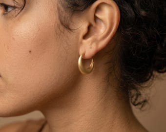 Matte Gold Hoop Earrings, Chunky Gold Hoops, Crescent Moon Earrings, Minimalist Gold Jewelry, Bold Thick Hoops, Gift for Her, Modern Hoops