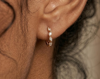 Dainty Gold Leaf Hoop Earrings, Marquise Diamond Vine Huggies, Minimalist Nature Inspired Jewelry, Tiny Gold Hoops, Gift for Her, Boho