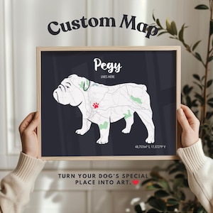 Englische Bulldogge Geschenk - Personalisierte Hundekarte mit Namen, Beschriftung & besondere Lage - Personalisierter Haustierdruck oder Hundeliebhaber Wandkunst