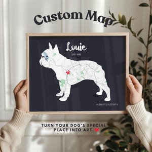 Französische Bulldogge Geschenk - Personalisierte Hundekarte mit Namen & besonderen Ort - Individuell angefertigtes Haustier Erinnerungsdruck oder Hundeliebhaber Wandkunst