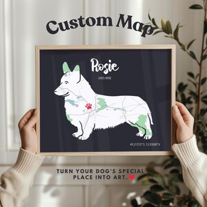 Personalisierte Corgis Geschenk - Personalisierte Hundekarte mit Name, Beschriftung & besonderem Ort - Individuell angefertigtes Haustier Erinnerungsdruck oder Hunde Liebhaber Wandkunst