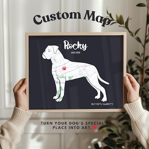 Boxer Geschenk – Personalisierte Hundekarte mit Name, Beschriftung & besonderem Ort – Individuell angefertigtes Haustier Erinnerungsdruck oder Hundeliebhaber Wandkunst