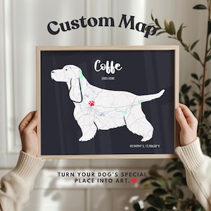 Cocker Spaniel Geschenk - Personalisierte Hundekarte mit Namen, Beschriftung & besondere Lage - Individuell angefertigtes Haustier Erinnerungsdruck oder Hundeliebhaber Wandkunst