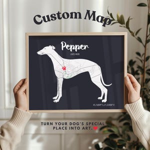 Windhund Geschenk - Personalisierte Hundekarte mit Namen, Beschriftung & besonderen Ort - Individuell angefertigtes Haustier Erinnerungsdruck oder Hunde Liebhaber Wandkunst