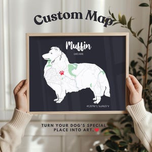 Sheltie Geschenk - Personalisierte Hundekarte mit Namen & besonderen Ort - Individuell angefertigtes Haustier Erinnerungsdruck oder Hundeliebhaber Wandkunst