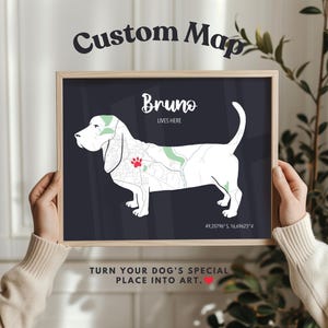 Basset Hound Geschenk - Personalisierte Hundekarte mit Namen & besonderen Ort - Individuell angefertigtes Haustier Erinnerungsdruck oder Hunde Liebhaber Wandkunst