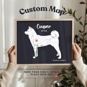 Akita Inu Geschenk - Personalisierte Hundekarte mit Name, Beschriftung & besonderem Ort - Individuell angefertigtes Haustier Erinnerungsdruck oder Hundeliebhaber Wandkunst
