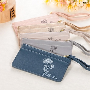 Porta-cartão de flores de nascimento personalizado, carteira de couro PU, presente de casamento, presente de aniversário, presente personalizado, presente para ela, presente para esposa, presente