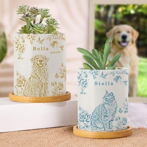 May include: Two ceramic pet memorial planters with succulents. One planter features a golden retriever illustration with the name "Bella" and dates "2012-2025". The other planter has a cat illustration with the name "Stella". Both planters sit on bamboo saucers.