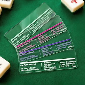 May include: Clear acrylic Mahjong cheat sheets with printed text. Each sheet has game instructions and player names. The sheets are on a green surface, with white Mahjong tiles in the background.