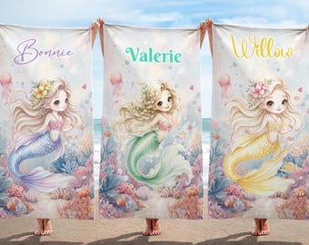 Personalisierte Meerjungfrau Strandtuch mit Name, weich schnell trocknend, niedlichen Cartoon, Geschenk für Frauen, Meerjungfrau Geburtstagsbevorzugung, Pool Bachelorette