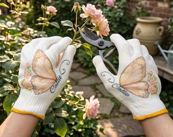 Personalized Birth Flower Butterfly Gardening Gloves, Custom Name Floral Protective Gloves, Birthday Gift for Gardener Mom Grandma