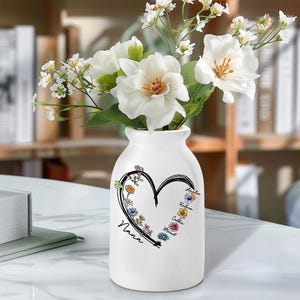 Personalized Floral Heart Ceramic Vase, Floral Home Decor, Birthday Flower Vase, Personalized Gift, Mothers Day Gift,Women Gift,Gift for Her