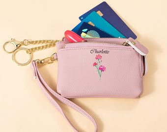 Personalized Wallet with Birth Flower, PU Leather Wallet, Anniversary Gift, Bridesmaid Gift, Personalized Gift, Wedding Gifts, Gifts for Her