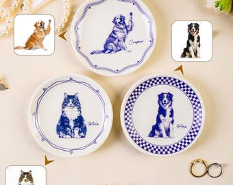 Personalized Hand Painted Checkerboard Jewelry Dish with Custom Pet Photo Name Decorative Trinket Tray Birthday Pet Gift for Dog Cat Owners