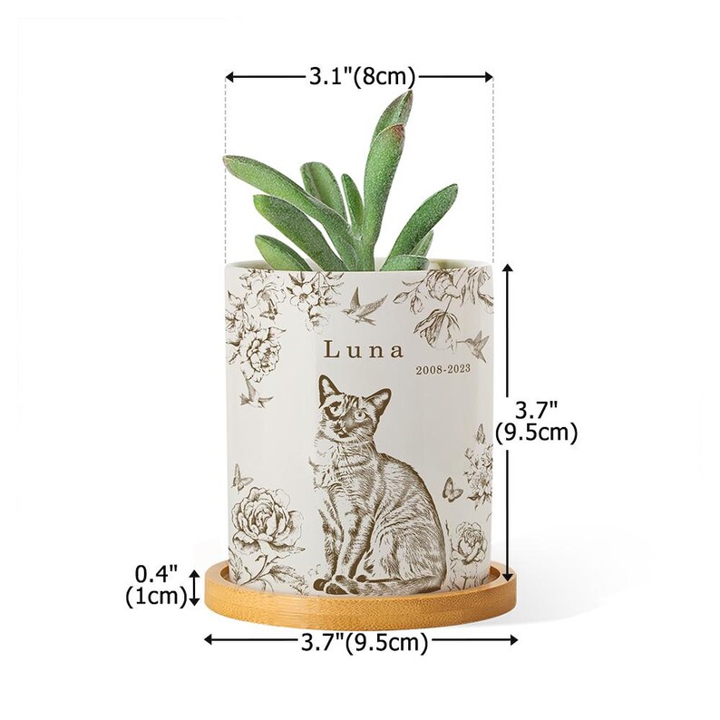 May include: A white ceramic planter, 3.7 inches (9.5 cm) tall and 3.1 inches (8 cm) wide, featuring a cat illustration and the name "Luna" with dates. The planter includes a small succulent and sits on a wooden saucer, 3.7 inches (9.5 cm) in diameter.
