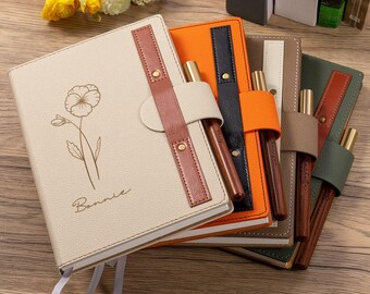 Personalized Leather Journal Notebook, PU Leather Journal with Name, Personalized Gift, Birth Month Flower Gift, Handmade Gift, Gift for Her