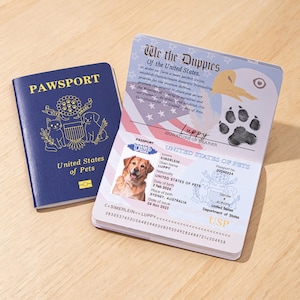 May include: A dark blue pet passport titled PAWSPORT with a gold emblem featuring a cat and dog, alongside an open passport page displaying a photo of a golden dog, the text United States of Pets, a paw print, and official-looking identification details.