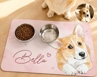Personalized Pet Food Mat with Watercolor Photo & Name, Waterproof Non-Slip Rubber Placemat, Cat Lovers Birthday Gift