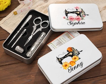 Personalisierte Vintage Nähmaschine Geburtsblume 6 stück Nähwerkzeug Set mit Blechdose und Name Geburtstag