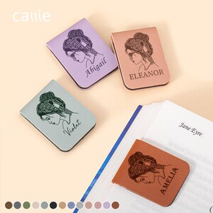 May include: Four leather book page holders in various colors: lavender, peach, seafoam green, and brown. Each features a woman's silhouette with a book-themed design and a name: Abigail, Eleanor, Violet, and Amelia. The word "callie" is in the top left corner.