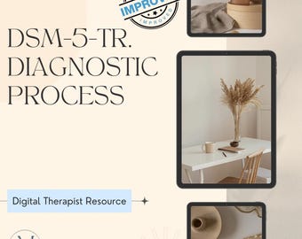 May include: A digital therapist resource titled DSM-5-TR DIAGNOSTIC PROCESS featuring three tablet screens displaying interior scenes with neutral decor, dried plants, a white desk, and a circular logo with the letter M and the word THERAPY.