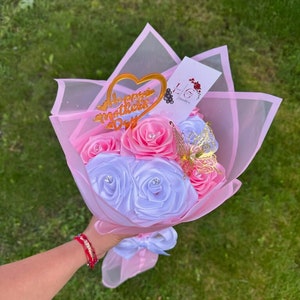 8 Eternal Rose Bouquet, Ribbon Rose Bouquet, Handmade Fake Flower Bouquet, Rose Bouquet, Ramo Buchon, Birthday Bouquet