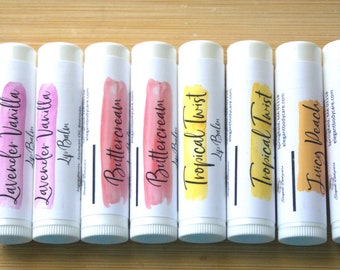 Lip Balms - Juicy Peach, Buttercream, Tropical Twist, and Lavender Vanilla