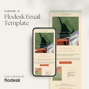 Może przedstawiać: Szablon marketingu cyfrowego dla Flodesk, wyświetlany na smartfonie i wydrukowanej stronie. Telefon pokazuje e-mail z tekstem "Clubhouse Corner" i "A New Season Begins". Projekt wykorzystuje neutralną paletę kolorów z motywami tenisa.