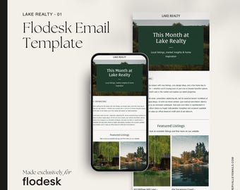 Lake Realty 01 – Flodesk Email Template for Realtors & Real Estate Agents, Bold Modern Newsletter Design with Featured Listings