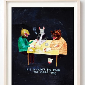 Art, Animals, Bear, Cigarettes, Weird, Quirky, Humor, Unique art, Folk Art, The Plan- Print on Fine Art Paper