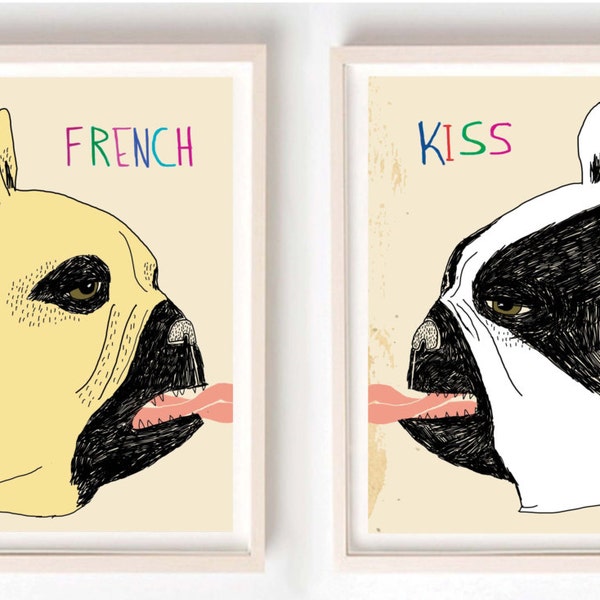 Print, Art, Illustration, French Bulldog, Kiss, Love, Dog lover, Dog art, Drawing, French Kiss- Art Prints on Paper