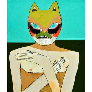 Cat Man Surprised Upon Getting Out of the Shower Print, Animals, Cats, Portrait, Humor, Turquoise, Mask, Folk Art, Print on Fine Art Paper image 2