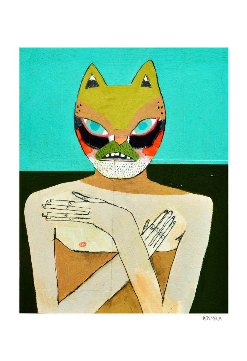 Cat Man Surprised Upon Getting Out of the Shower Print, Animals, Cats, Portrait, Humor, Turquoise, Mask, Folk Art, Print on Fine Art Paper image 2