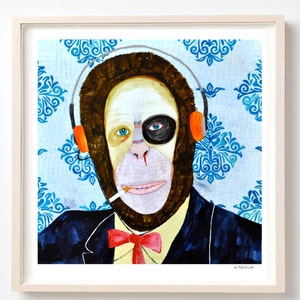 Monkey Art Print: Weird Folk Humor, Headphones, Vintage Animal Portrait