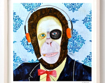 Art, Print, Animals, Monkey, Humor, Folk, Headphones, Weird, Vintage, Great Things Are Coming My Way, Susan-Print on Fine Art paper