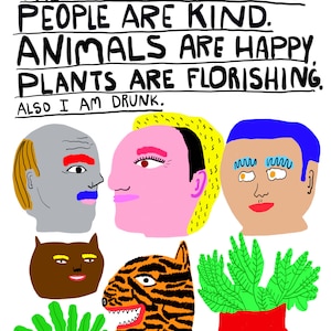 Quirky Animals and Plants Art Print: Colorful Humor, Signed 13x19