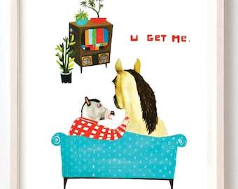 Art, Humor, Horse, Vintage, Poster, Animals, Animal mask, Couple, Love, Vintage TV, Animal Lover, Quirky, U Get Me- Fine Art Print